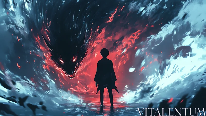 Silhouetted warrior confronts flaming shadow beast in storm