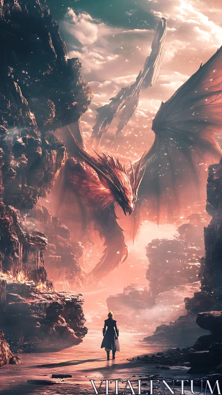 Lone traveler confronts massive dragon in fiery canyon.