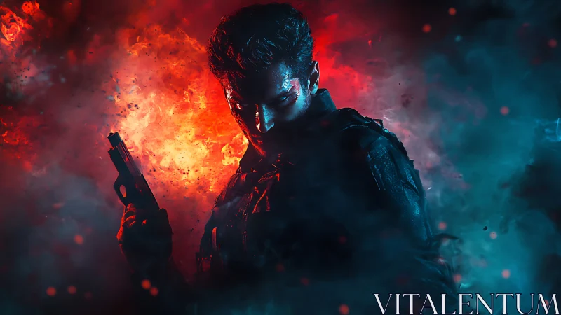 Armed tactical operative in red blue backlit atmospheric smoke