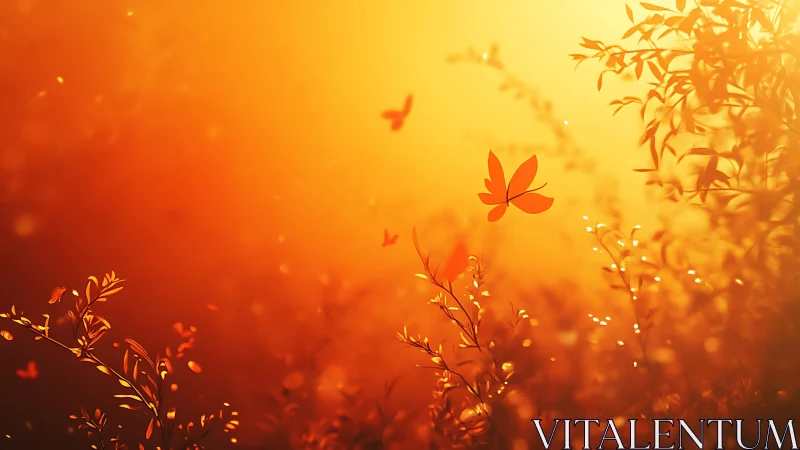 Orange butterfly drifts through glowing sunset foliage field