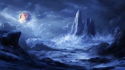 Luminous molten planet over glacial alien spire landscape