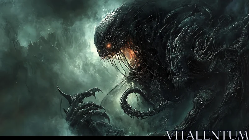 Cyberpunk biomechanical leviathan in atmospheric digital painting.