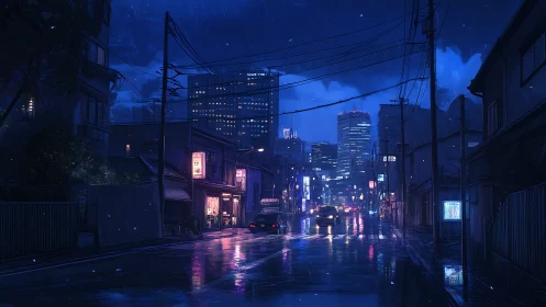 Digital painting of neon-lit rainy urban night street scene.