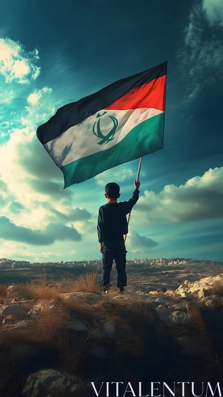 Child holds large tricolor flag on rocky hillside under sky
