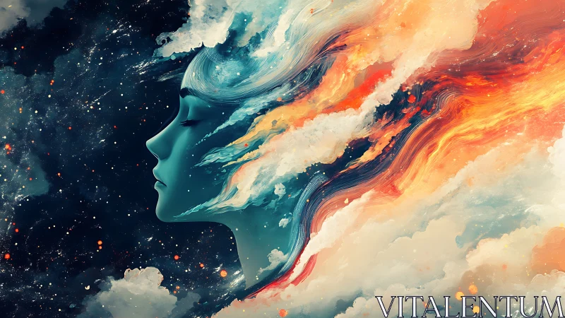 Serene female profile merging with cosmic nebula clouds.