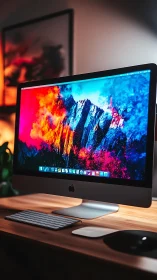 iMac workstation with vivid abstract display lighting desk.