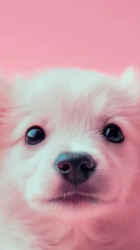 Pink backdrop close-up portrait of fluffy white puppy.