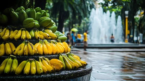 Tiered banana display near urban fountain in wet plaza.