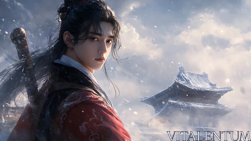 Stoic swordsman stands before snowbound ancient temple.