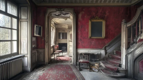 Velvet walls cradle the dust of a once-opulent staircase