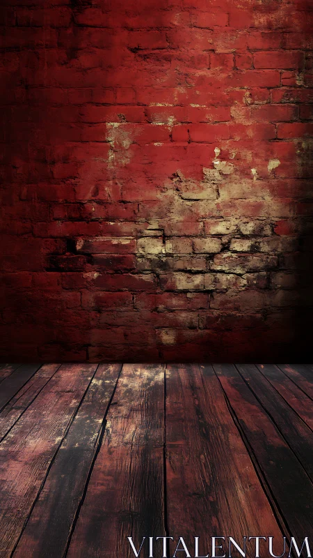 Red brick wall and wooden floor form a worn interior plane
