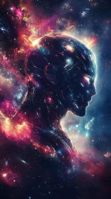 Celestial cybernetic profile within luminous nebula fields