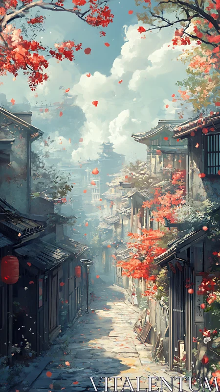 Narrow historic alley with autumn foliage and distant pagoda.