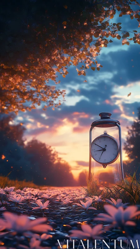 Glass clock glows softly along a dreamy sunset path