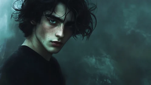 Storm-eyed wanderer pauses beneath a swirling teal hush