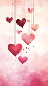 Suspended heart shapes arranged vertically with gradient coloring transitioning from deep crimson to