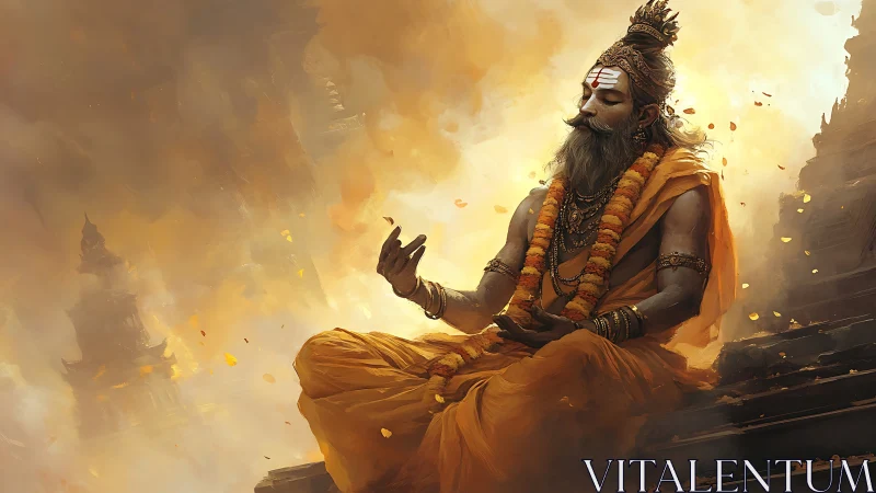 Serene sage in golden meditation amid swirling temple light.