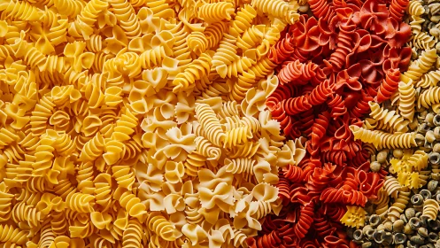 Colorful spiral pasta assortment forms a bold culinary pattern
