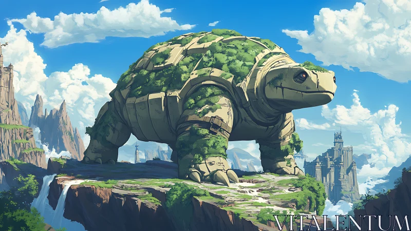 Geological colossus tortoise with vegetated exoshell in orbiting highlands.