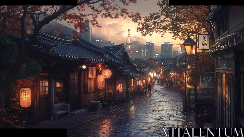 Rainy lantern street contrasts old wooden shops and city towers