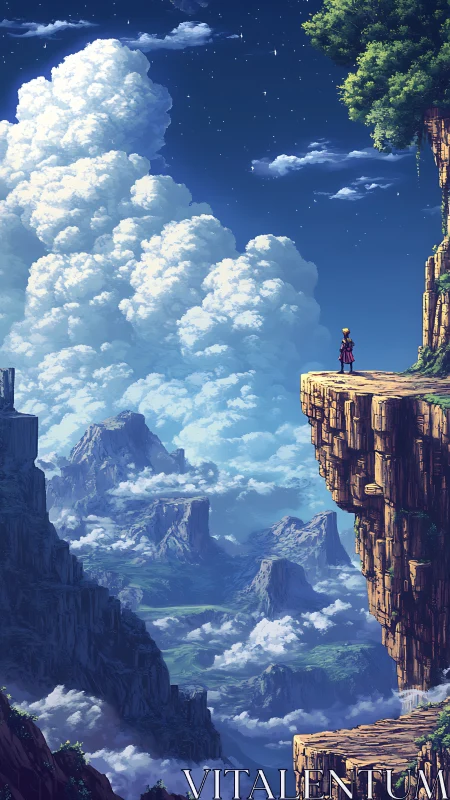 Lone traveler quietly surveys vast cloud-wrapped mountains