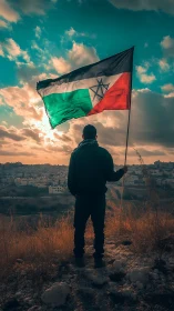 Solitary figure holds tricolor flag above distant hillside town