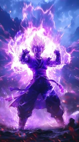 Purple energy warrior explodes with power in stormy skies