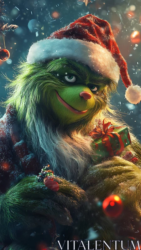 Mischievous green grump wrapped in twinkling Christmas cheer.