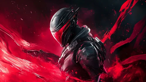Armored cybernetic sentinel framed in turbulent crimson plasma.