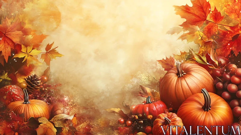 Autumn pumpkins and leaves border on warm textured background.