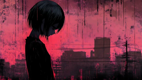 Anime silhouette against distressed crimson urban skyline.