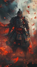Armored samurai stands in burning battlefield with swords drawn