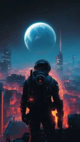 Solitary armored figure observing illuminated futuristic city.