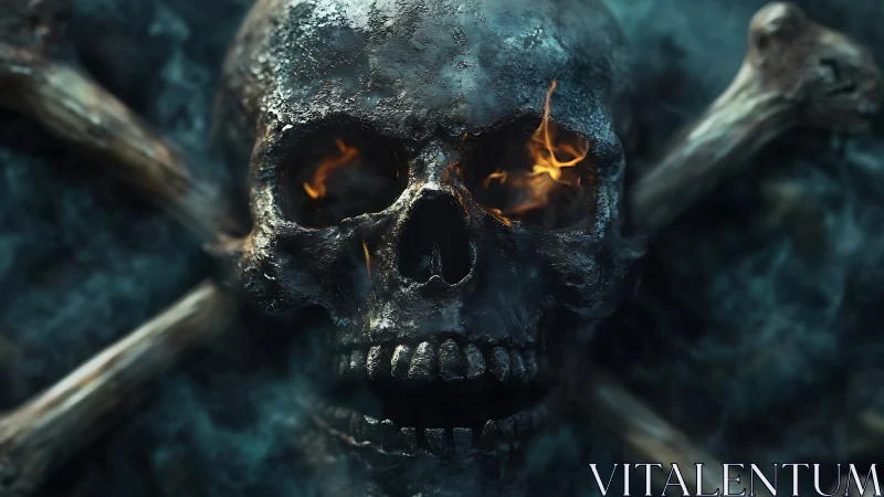Charred skull with crossbones and internal embers rendered in 3D