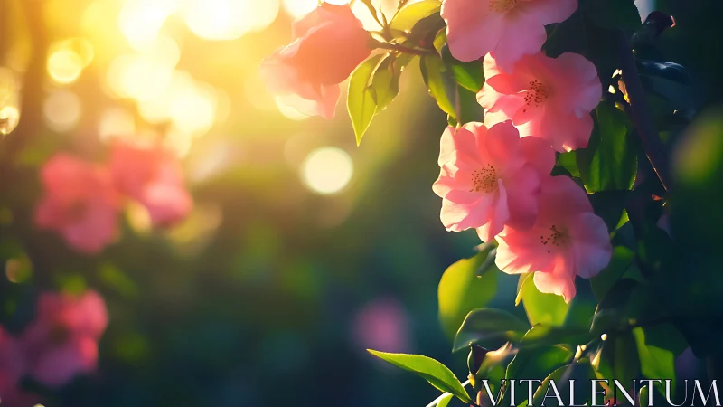 Golden Hour Blooms: Pink Flowers Glowing in Warm Sunlight