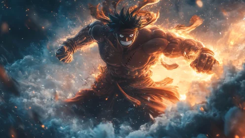 Fiery anime warrior erupts from storm clouds in blazing power