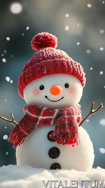 High-detail snowman with knitted red attire under soft snowfall