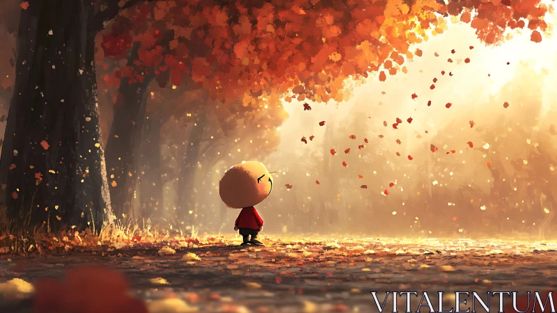 Child in red coat under luminous autumn canopy, soft backlight.