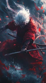 White-haired swordsman in red robe amid swirling debris.