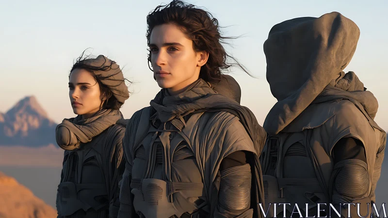 Desert scouts in adaptive armor study sunlit horizon.