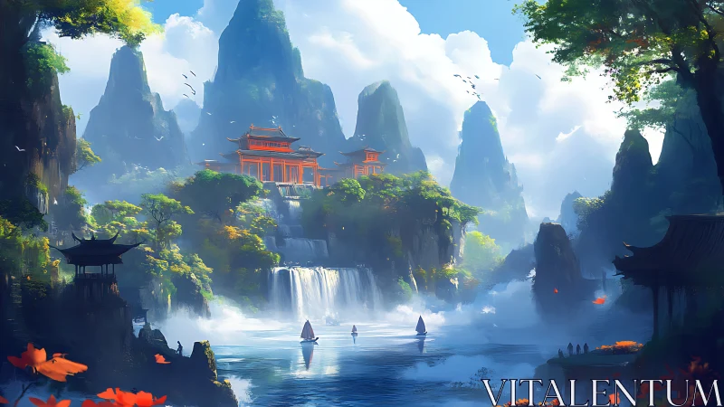 Mythic river sanctuary framed by karst peaks and tiered temples