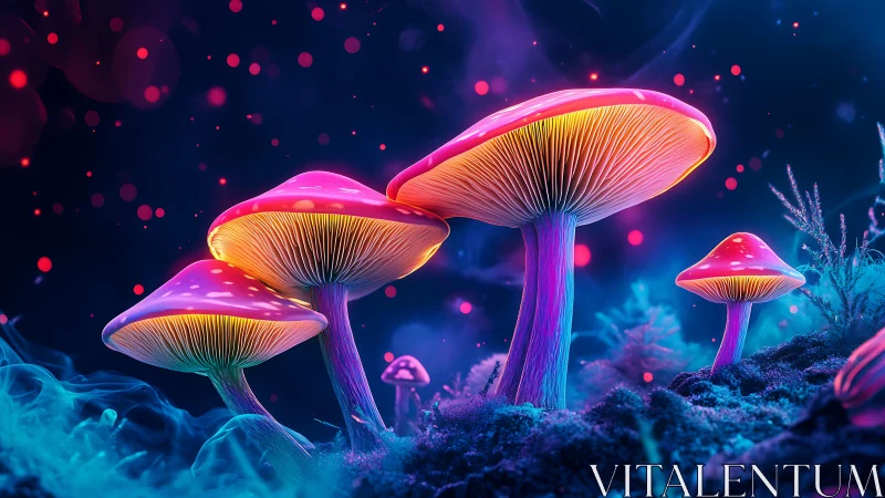 Neon forest of glowing mushrooms in a dreamy night garden.