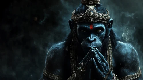 Digital painting of divine simian warrior in chiaroscuro focus.