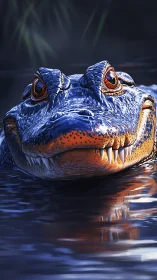 Crocodilian head emerging from reflective blue water surface.