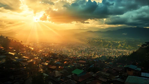 Golden evening sun pours over a peaceful mountain city