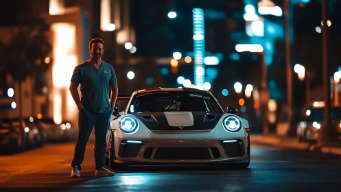 Night street portrait pairs sports car design with neon bokeh