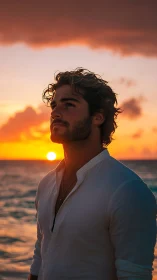 Man in white shirt standing by ocean during vivid sunset.