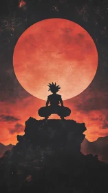 Silhouette of spiky haired figure under vast red moon.