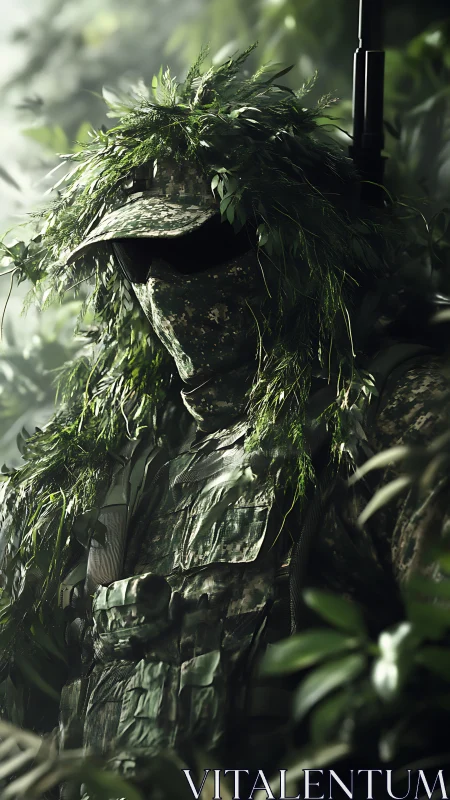 Silent jungle scout blends calmly into dense green foliage