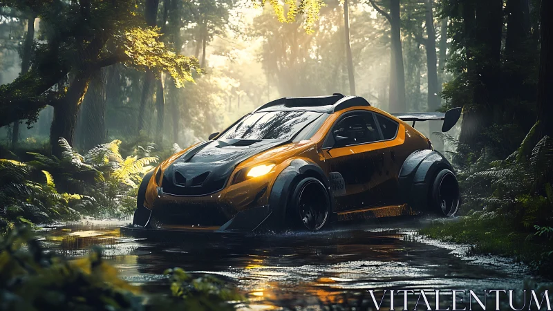 Off-road concept racer cutting through misty jungle stream.